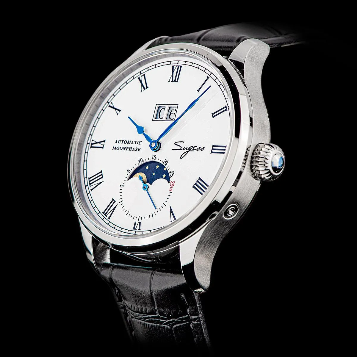 Sugess Automatic Moon Phase Men's Watch Stainless Steel Case with Seagull Movement, Business Elegance, and Enamel Dial