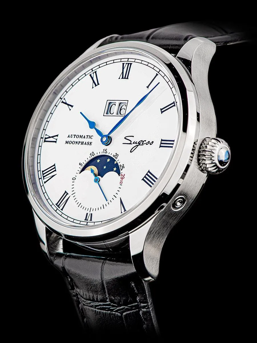 Sugess Automatic Moon Phase Men's Watch Stainless Steel Case with Seagull Movement, Business Elegance, and Enamel Dial