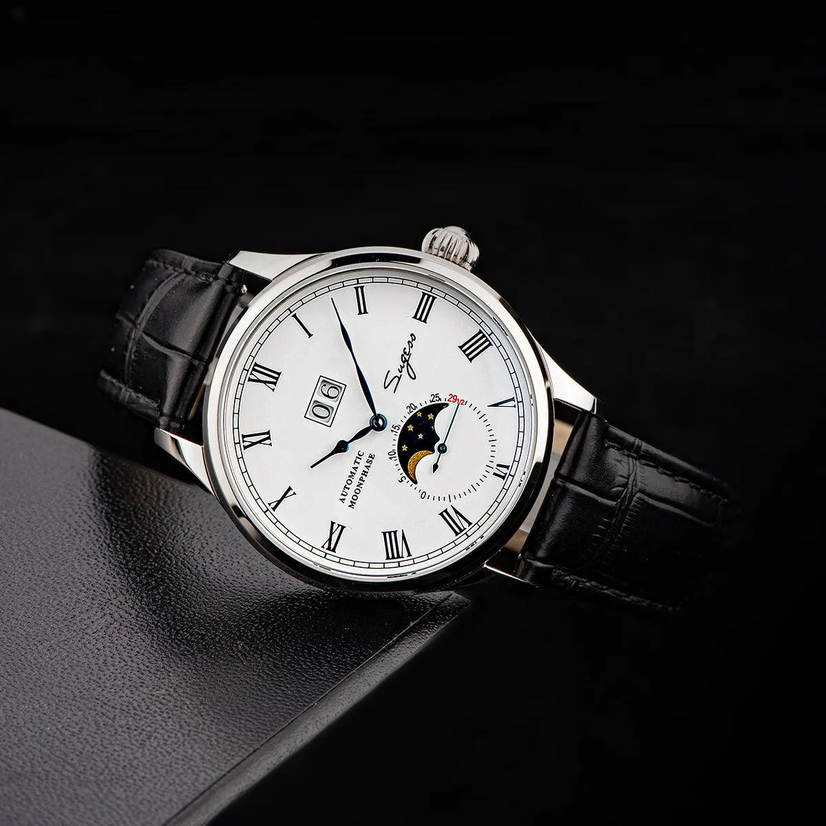 Sugess Automatic Moon Phase Men's Watch Stainless Steel Case with Seagull Movement, Business Elegance, and Enamel Dial