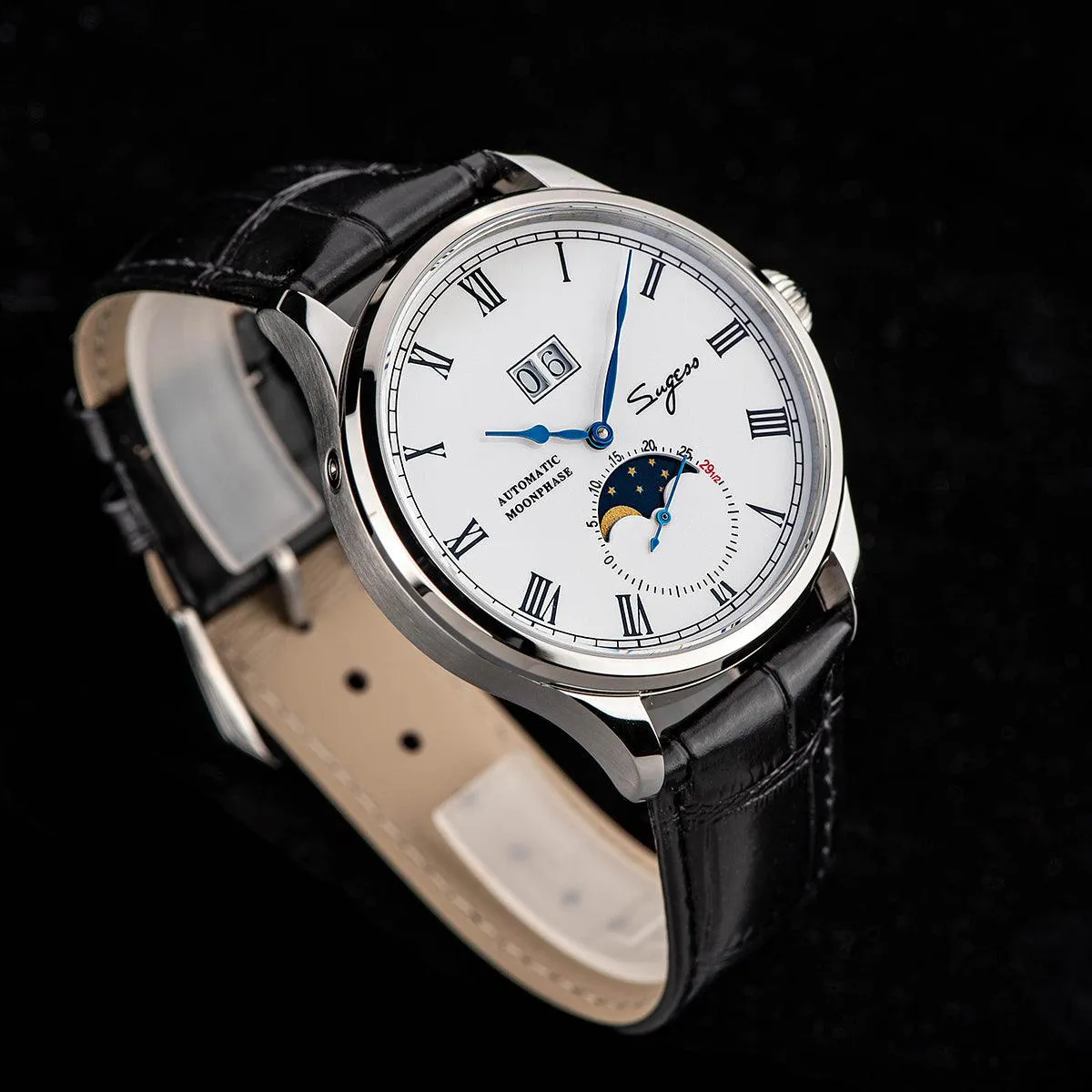 Sugess Automatic Moon Phase Men's Watch Stainless Steel Case with Seagull Movement, Business Elegance, and Enamel Dial