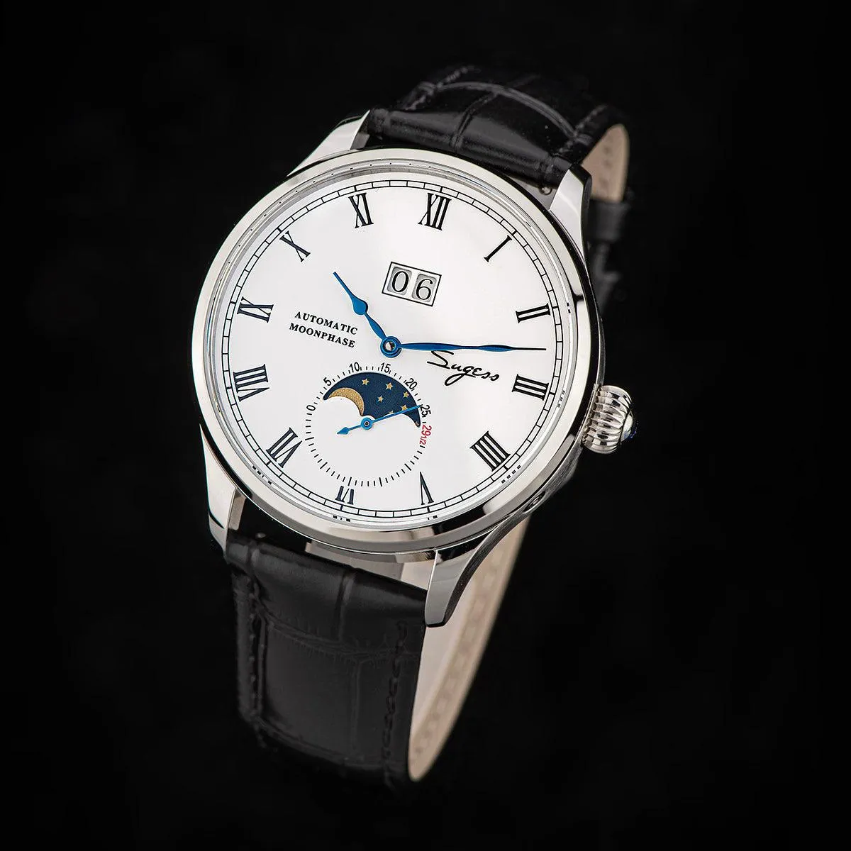 Sugess Automatic Moon Phase Men's Watch Stainless Steel Case with Seagull Movement, Business Elegance, and Enamel Dial