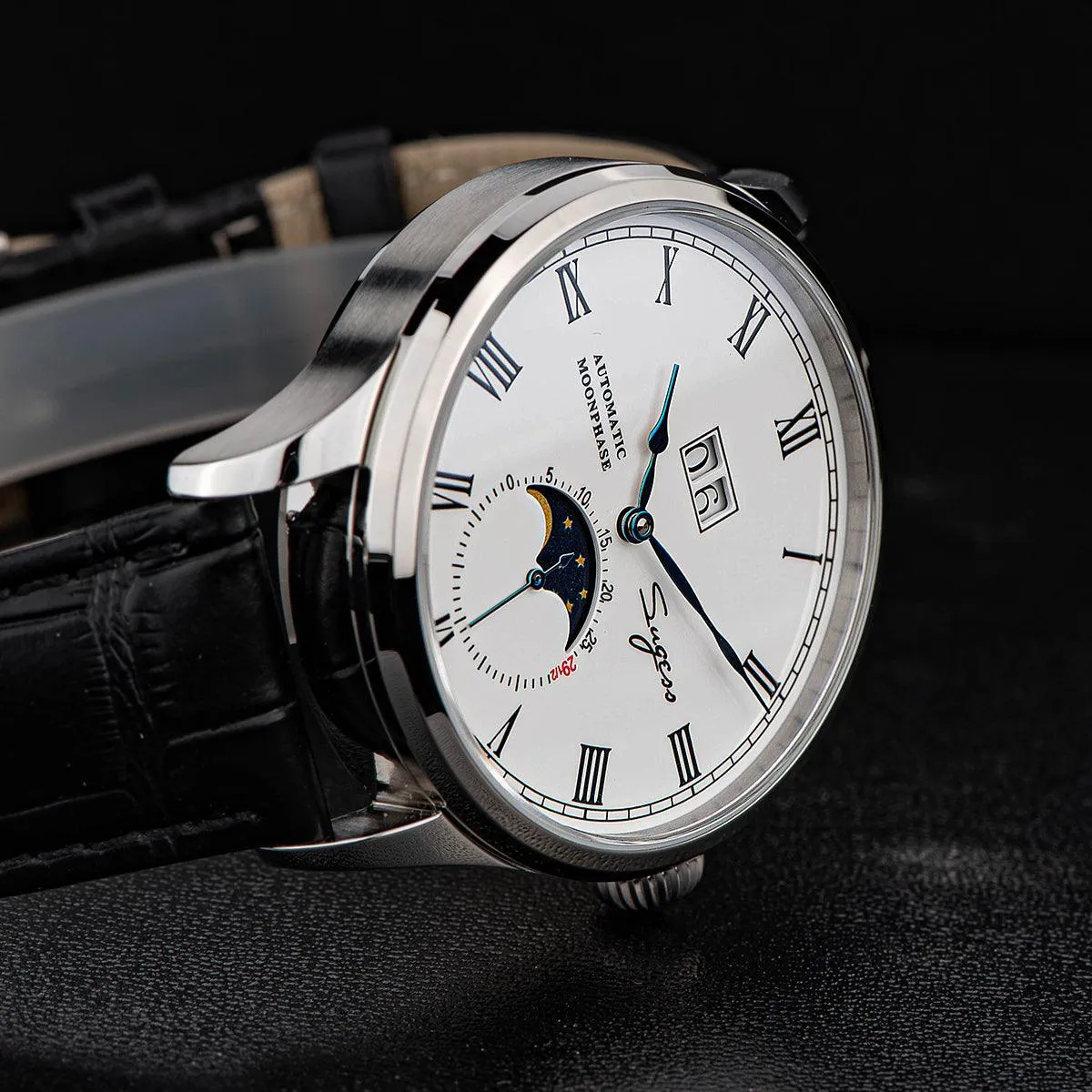 Sugess Automatic Moon Phase Men's Watch Stainless Steel Case with Seagull Movement, Business Elegance, and Enamel Dial