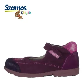 Szamos kid girl supinated dress shoes in burgundy color and pink details with velcro strap little kid/big kid size