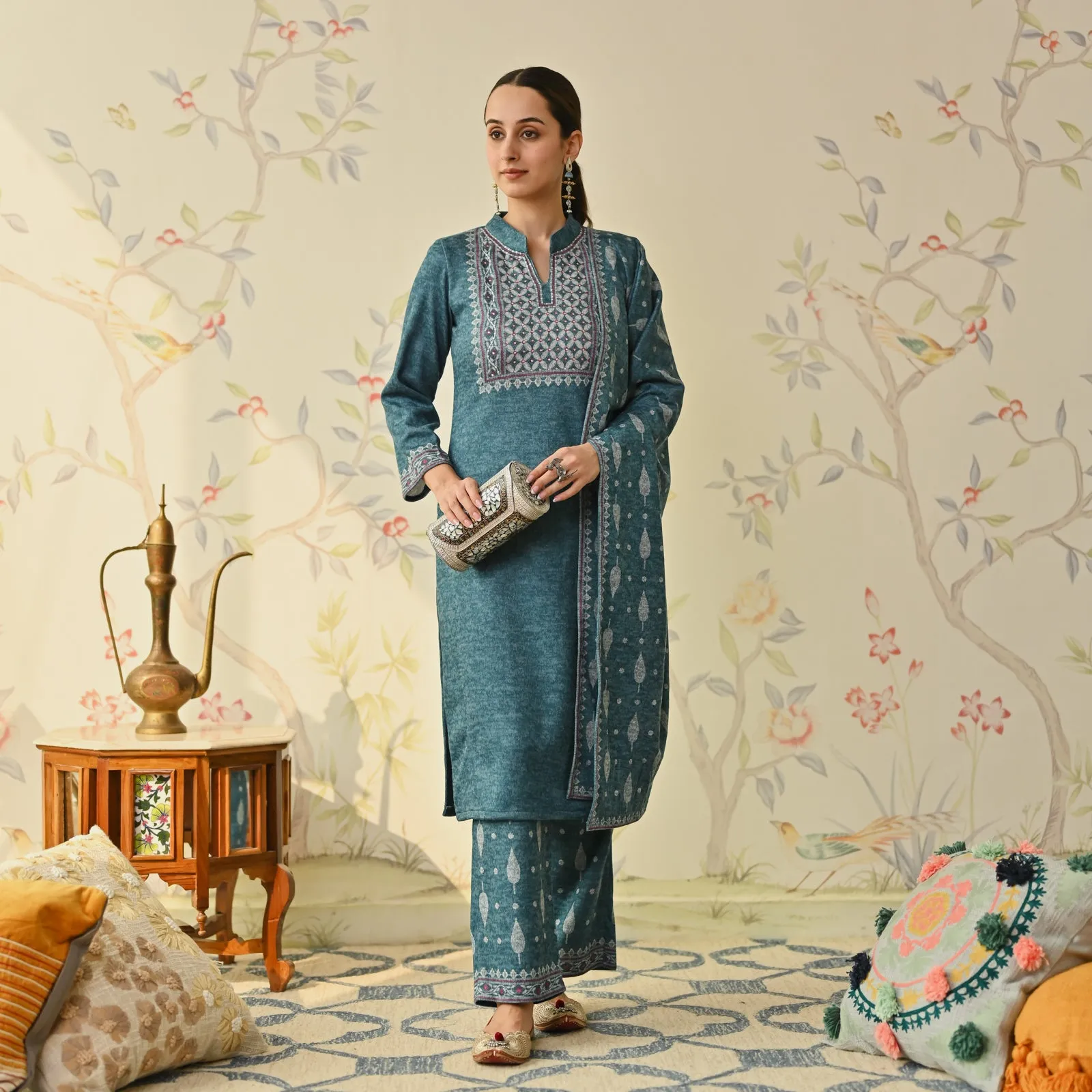 Teal Embroidered & Monotone Woollen Kurta Pant Set with Dupatta