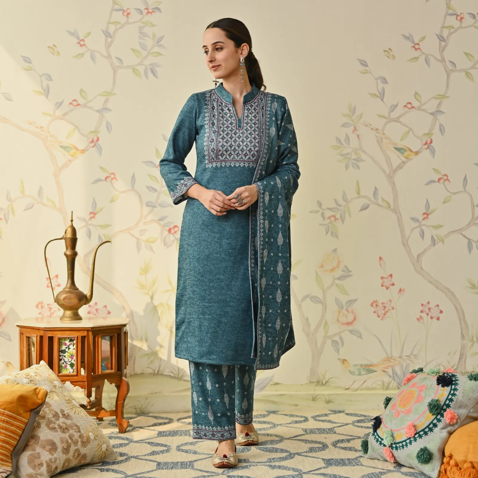 Teal Embroidered & Monotone Woollen Kurta Pant Set with Dupatta