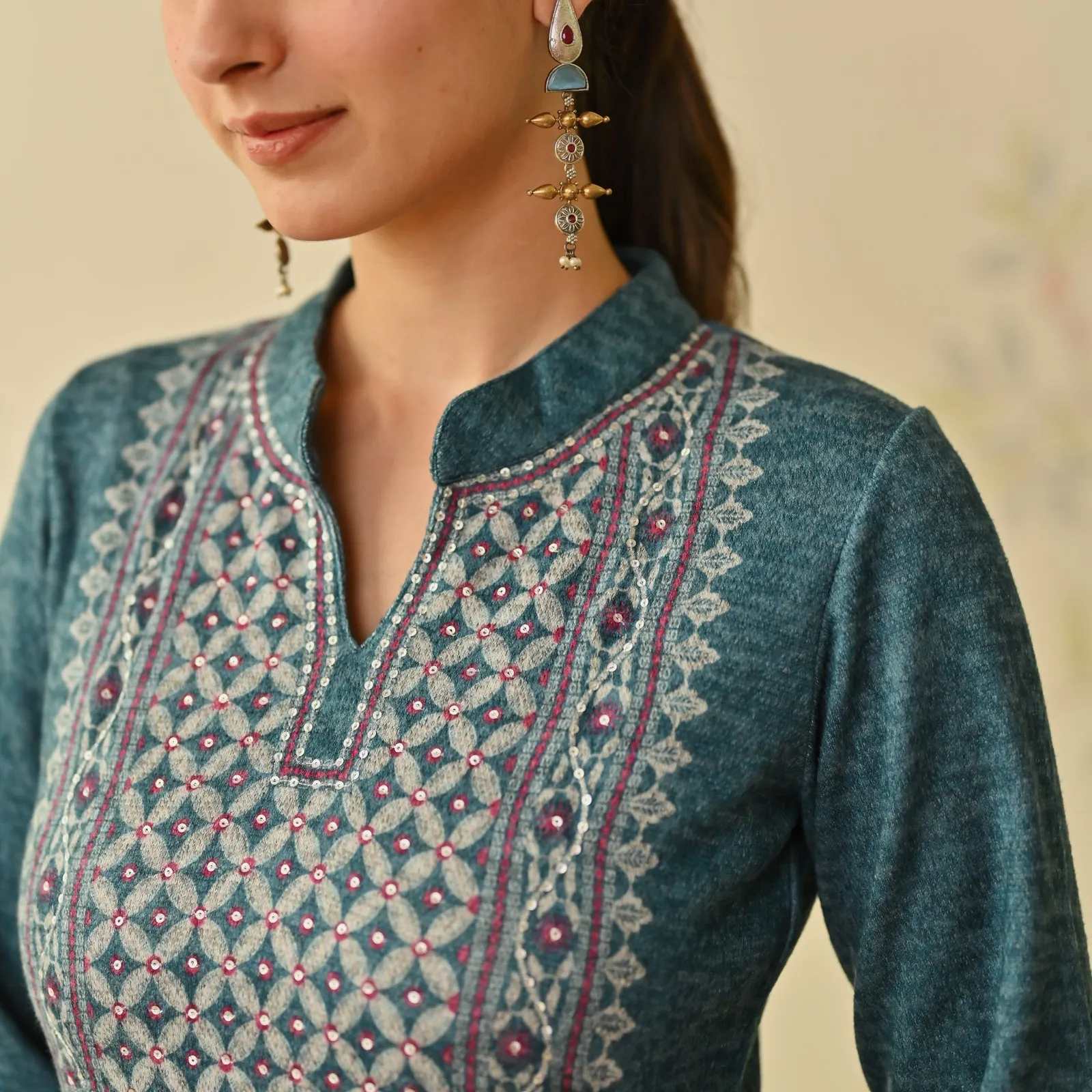 Teal Embroidered & Monotone Woollen Kurta Pant Set with Dupatta