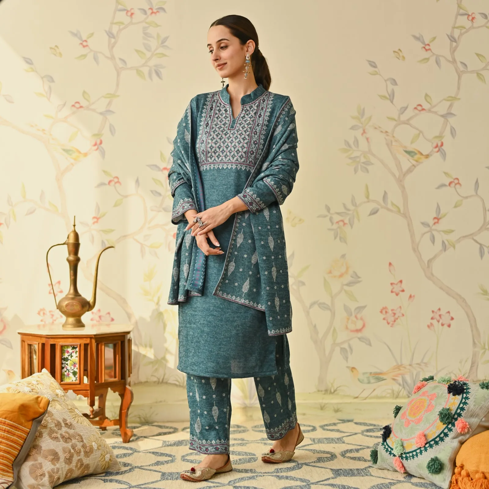 Teal Embroidered & Monotone Woollen Kurta Pant Set with Dupatta