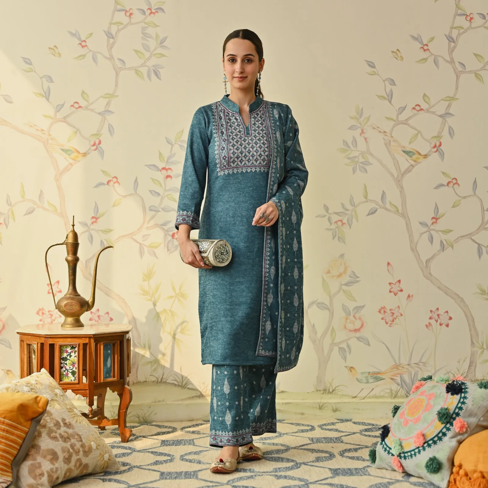 Teal Embroidered & Monotone Woollen Kurta Pant Set with Dupatta