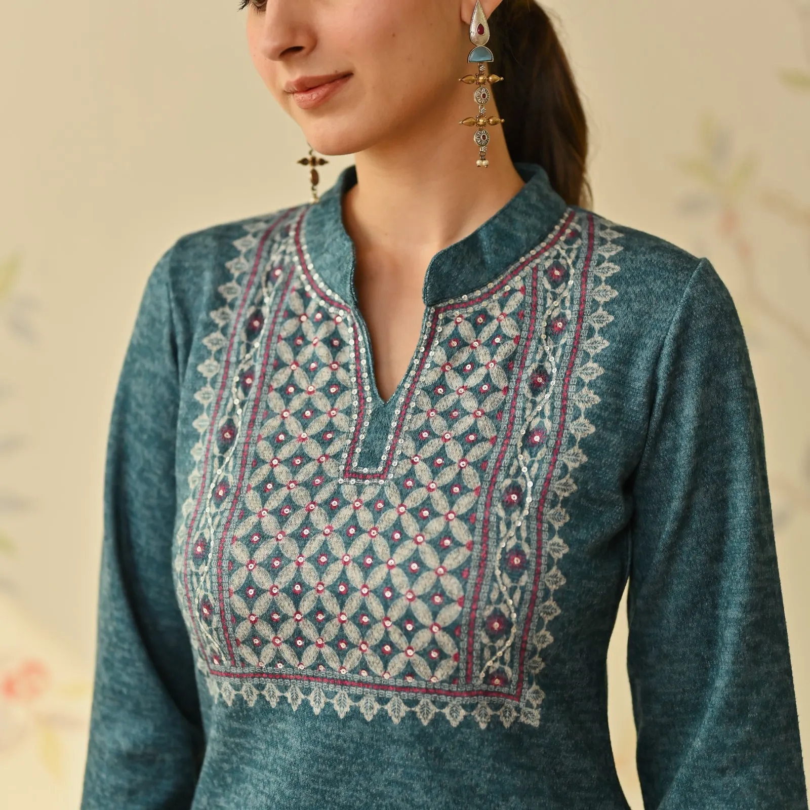 Teal Embroidered & Monotone Woollen Kurta Pant Set with Dupatta