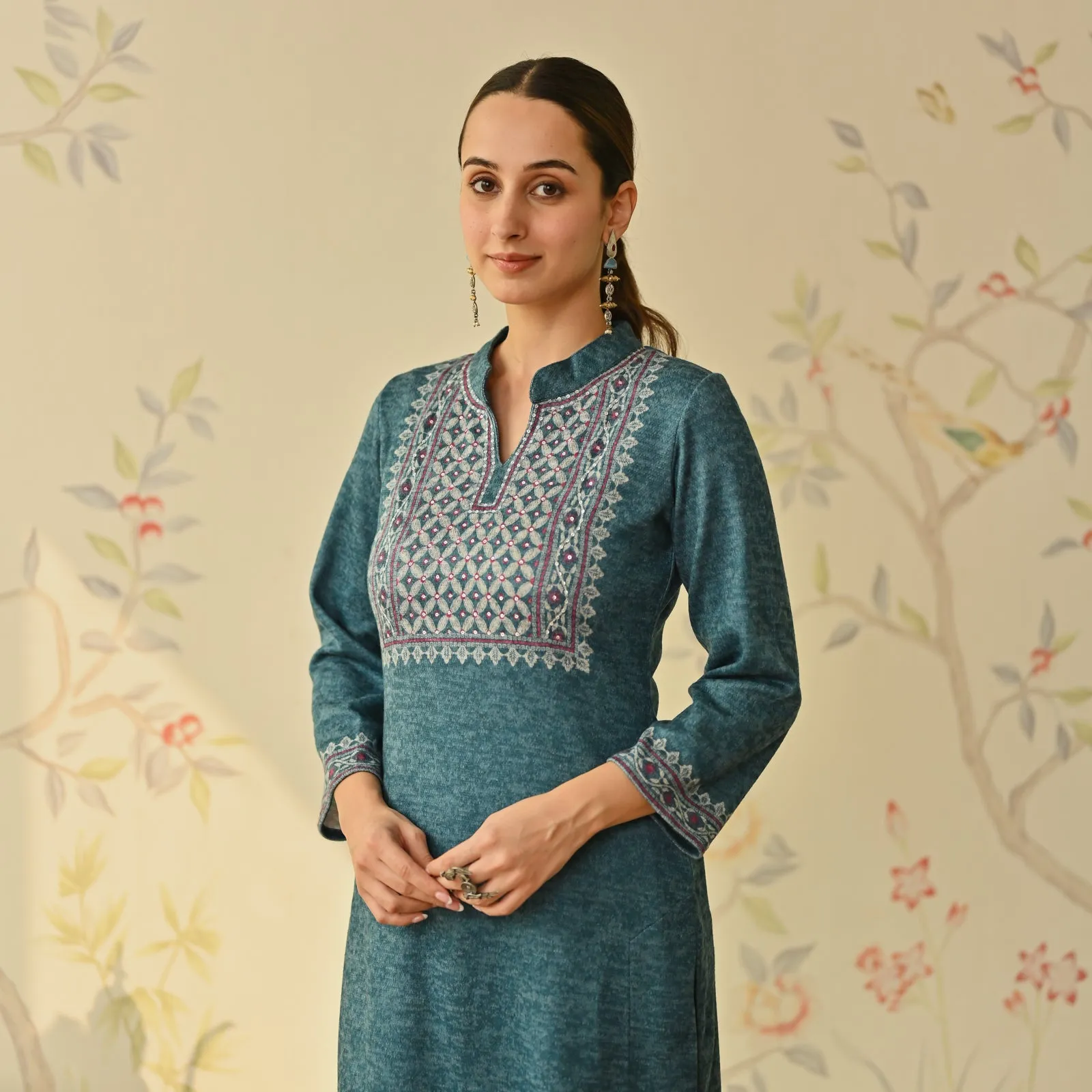 Teal Embroidered & Monotone Woollen Kurta Pant Set with Dupatta