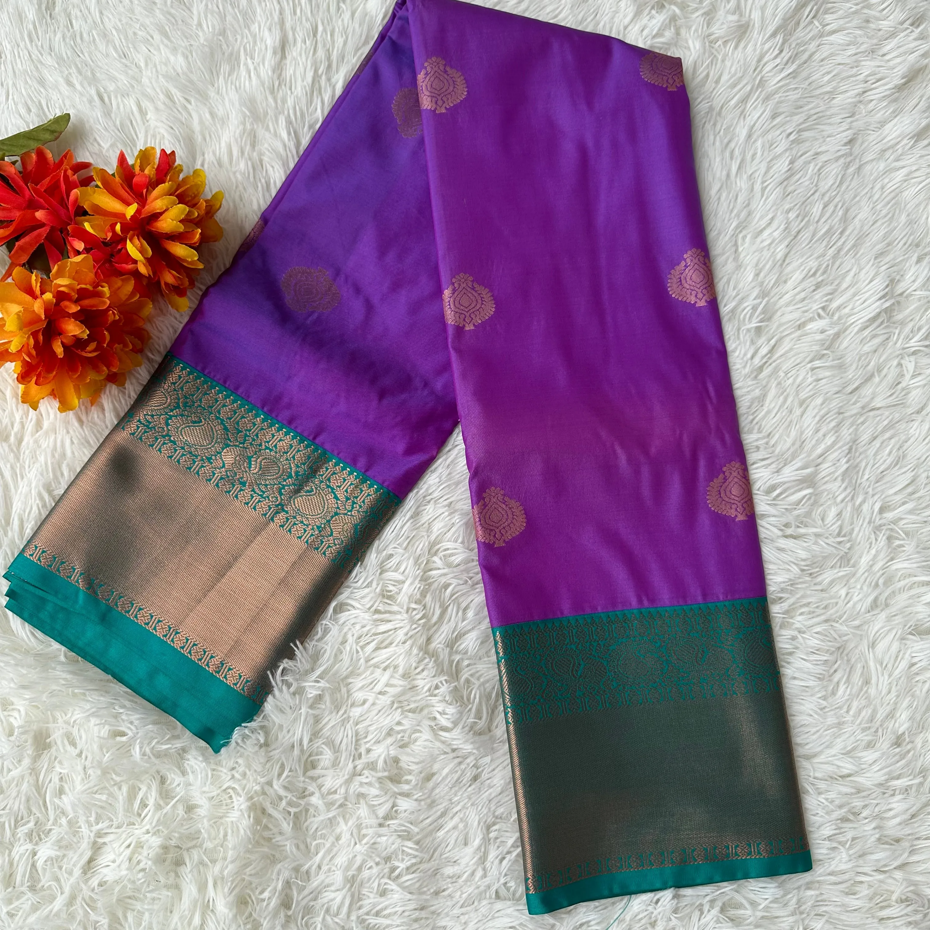 Timeless Charm: Purple With Green Border Semi Silk Saree