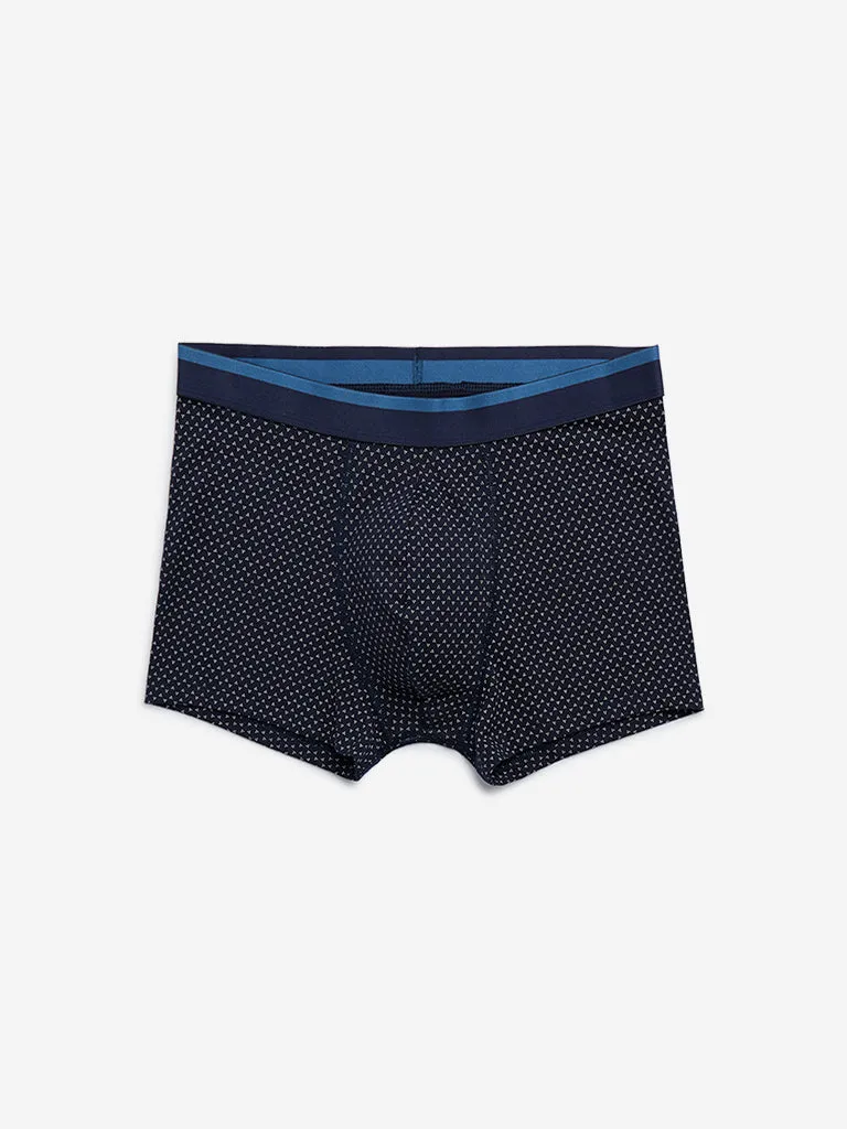 WES Lounge Navy Print Relaxed-Fit Cotton Trunks - Pack of 3