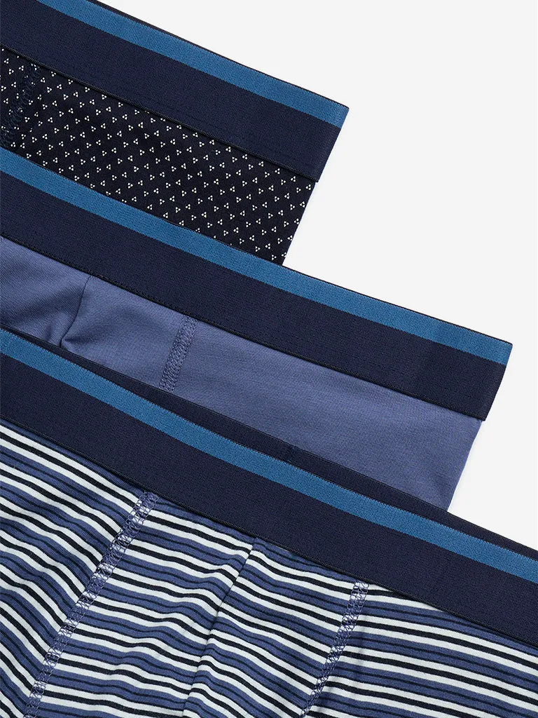 WES Lounge Navy Print Relaxed-Fit Cotton Trunks - Pack of 3