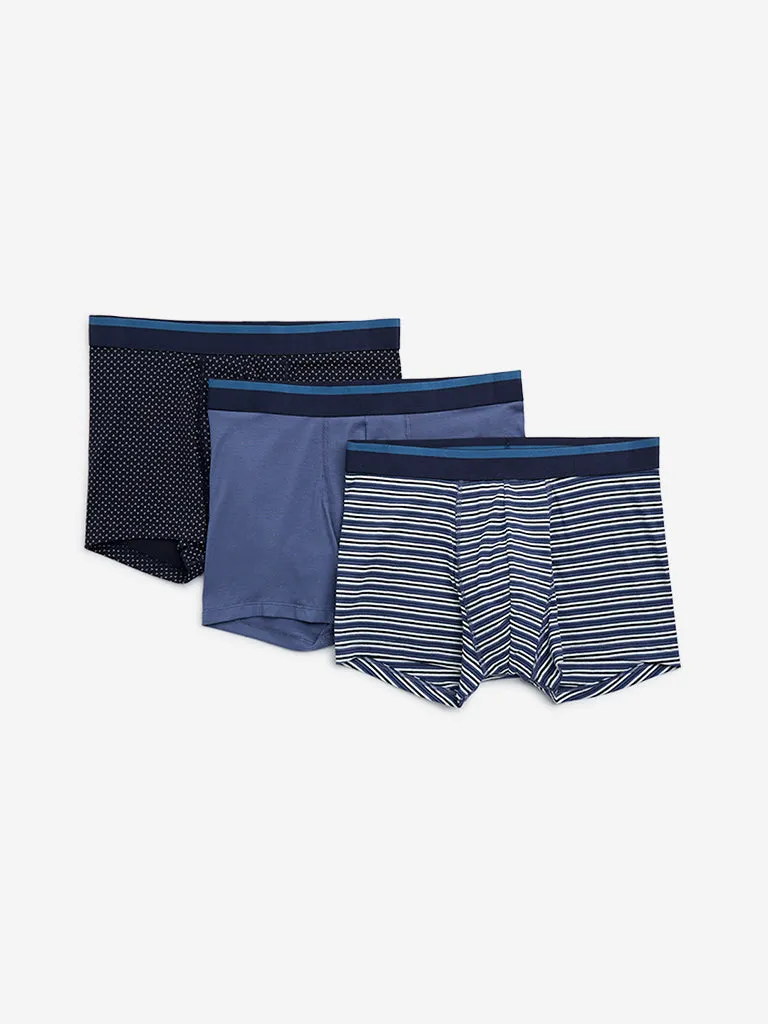 WES Lounge Navy Print Relaxed-Fit Cotton Trunks - Pack of 3