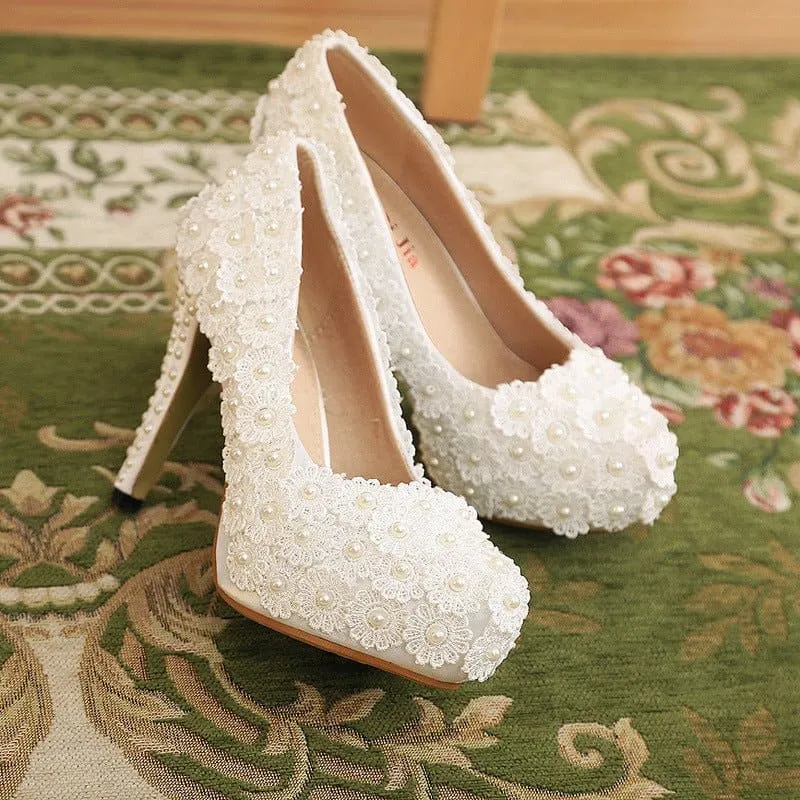 White Lace Wedding Shoes with Round Toe Flower and Pearl Accents