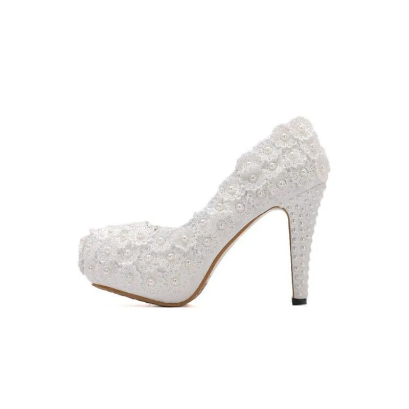 White Lace Wedding Shoes with Round Toe Flower and Pearl Accents