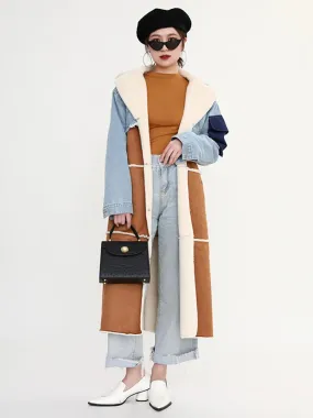 Women's Elegant Denim and Woolen Long Coat