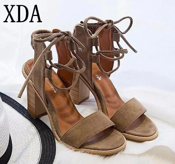 XDA 2017 Sexy Women Pumps Open Toe Lace up Heels Sandals Woman sandals Thick with Women Shoes women High heels X357